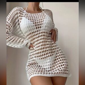 CROCHETED  White Long Sleeve Beach Cover UP  Mini Dress OSFA NEW
